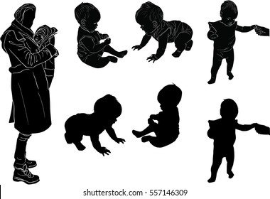 illustration with mother and baby sketches collection isolated on white background