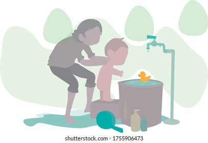 Illustration of a mother bathing her child, this illustration is suitable for use in child care companies, housewives, etc.