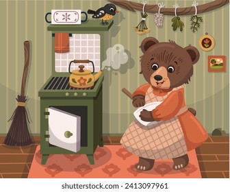 Illustration of a mother bear baking cakes in traditional kitchen setting. Vector cartoon bear.