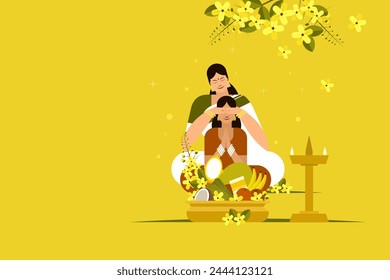 Illustration of a mother blindfolds her daughter in front of auspicious things.Concept for 'Vishu' festival in Kerala