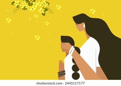 Illustration of a mother blindfolds her daughter in the background of golden shower flowers.Concept for 'Vishu' festival in Kerala