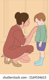 An illustration of a mother buttoning her child's clothes