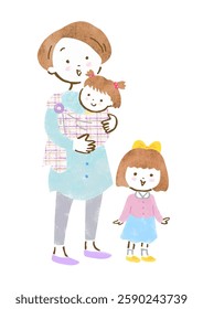 Illustration of a mother carrying her daughter in a sling and her young sister standing by her side.