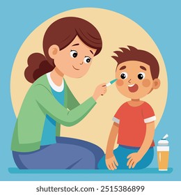  illustration of a mother checking her sick son's temperature conveys care and concern, making it ideal for healthcare materials, medical brochures, and content related to illness management 