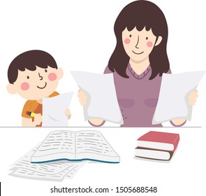 Illustration of a Mother Checking Homework of Her Son with Books on the Table