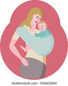 Illustration of a mother and child. Baby sling.