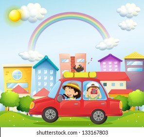 Illustration of a mother and child in a car with a bird