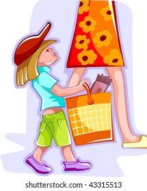 Illustration of mother and child with shopping	