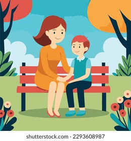 Illustration of a mother and child sitting on a park bench, enjoying a beautiful day together. Perfect for celebrating the bond between mother and child.