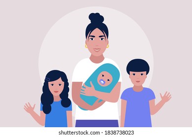 Illustration of Mother with children.  Colorful flat vector illustration.