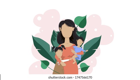 Illustration of a mother with children. A mother embraces her daughter and holds her son in her arms.