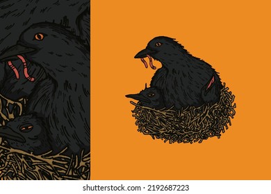 Illustration of a mother crow feeding her two cubs in a nest on an orange background
