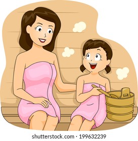 Illustration of a Mother and a Daugher Bonding in a Sauna