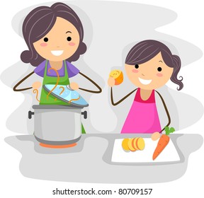 Illustration of a Mother and Daughter Cooking Food Together