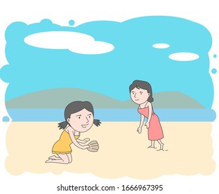 An illustration of a mother and daughter enjoying peace in search of shells on the sandy beach.