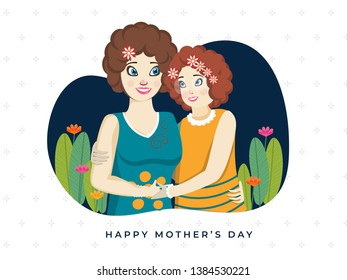 Illustration of mother and daughter hugging each other on the occasion of Mother's Day. Can be used as greeting card design.