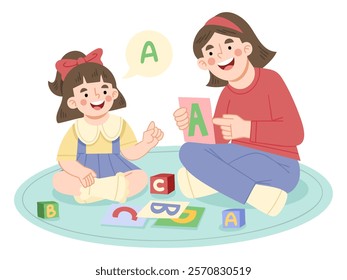 Illustration of mother and daughter learning the alphabet