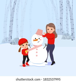 Illustration of mother and daughter making and decorating snowman together. Winter activity. Merry Christmas. Flat vector.