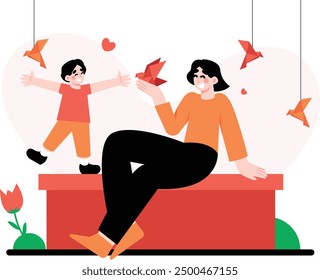 Illustration of mother and daughter making paper birds. Vector illustration of a special mother's day event with the concept of family harmony and warmth. vector flat design