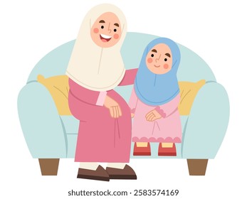 Illustration of mother and daughter on a couch