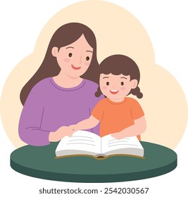 Ilustración de una madre y su hija leyendo un libro juntos