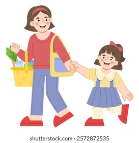 Illustration of mother and daughter shopping for groceries