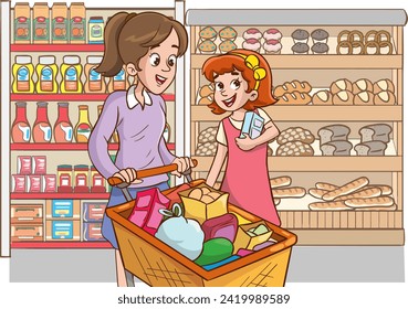 Illustration of a Mother and Daughter Shopping in a Grocery Store