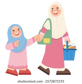 Illustration of Mother and Daughter Shopping Together