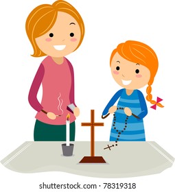 Illustration of a Mother and Daughter Standing Near an Altar