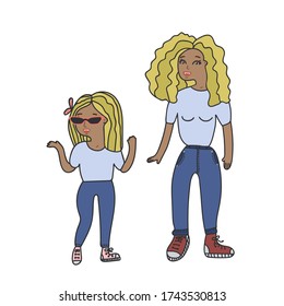 Illustration of a mother and daughter. Stylish illustration of a family. Beautiful characters of mother and daughter in jeans, t-shirt, sneakers. A hand-drawn illustration is suitable for stickers