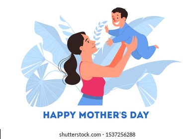 Illustration for Mother day. Happy mom hold a baby, enjoy motherhood.