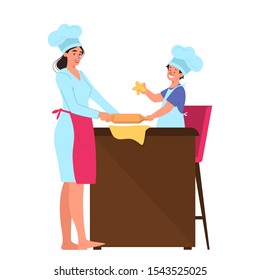 Illustration for Mother day. Happy mom and her son baking. Having a hobby with a kid. Mom and baby boy shaping dough and cook sweet cookies.