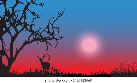 illustration of a mother deer and her calf under a dead tree enjoying a beautiful night with a clear sky