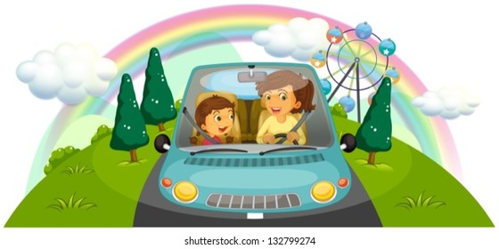 Illustration of a mother driving the car with her daughter on a white background