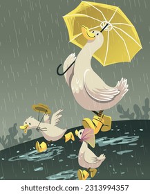 illustration of mother duck accompanying ducklings to play in the rain