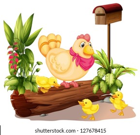 Illustration of a mother duck and her ducklings on a white background