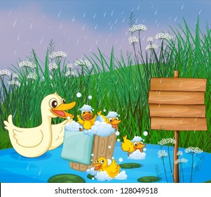 Illustration of a mother duck with her ducklings playing under the rain