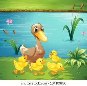 Illustration of a mother duck with her ducklings in the river