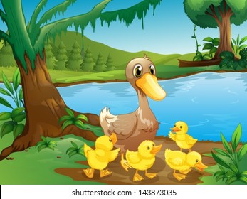 Ilustración de un pato madre con sus patitos