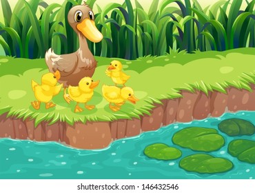Illustration of a mother duck with her ducklings at the river