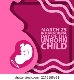 Illustration of mother expecting baby with holy ring and bold text on dark pink background to commemorate International Day of the Unborn Child on March 25