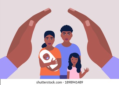 Illustration of Mother and father with children. Family concept. Family with closed hands. Colorful flat vector illustration.