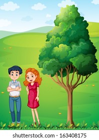 Illustration of a mother and a father near the big tree at the hilltop