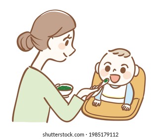 Illustration of a mother feeding baby food