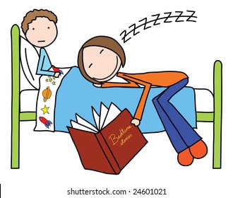 Illustration of mother felt asleep while reading bedtime story to her son