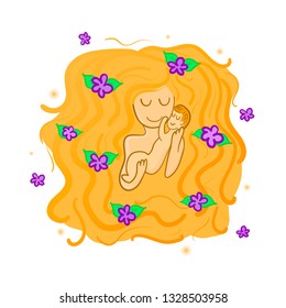 
Illustration of a mother with flowers in her hair and a baby, symbolizing love and tenderness. Greeting card for Mother's Day celebration.