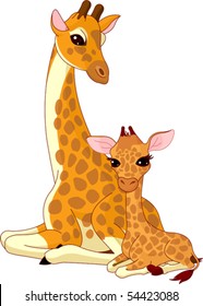 Illustration Of Mother Giraffe And Baby Giraffe.