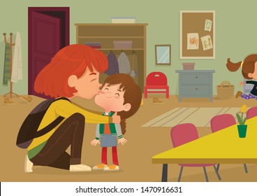 Illustration of a Mother Gives a Goodbye Kiss to her daughter. Mum Gives Kiss to the child at the school door. Preschool girl say hello to mom at Montessori school. Vector illustration.