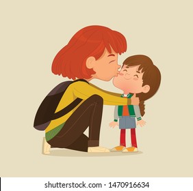 Illustration of a Mother Gives a Goodbye Kiss to her daughter. Mum Gives Kiss to the child at the school door. Preschool girl say hello to mom at Montessori school. Vector illustration. Isolated.