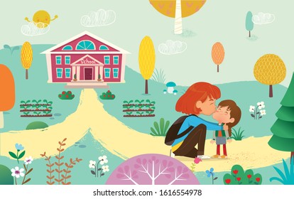 Illustration of a Mother Gives a Goodbye Kiss to her daughter. Mum Gives Kiss to the child at the school door. Preschool girl say hello to mom at school. Vector illustration.